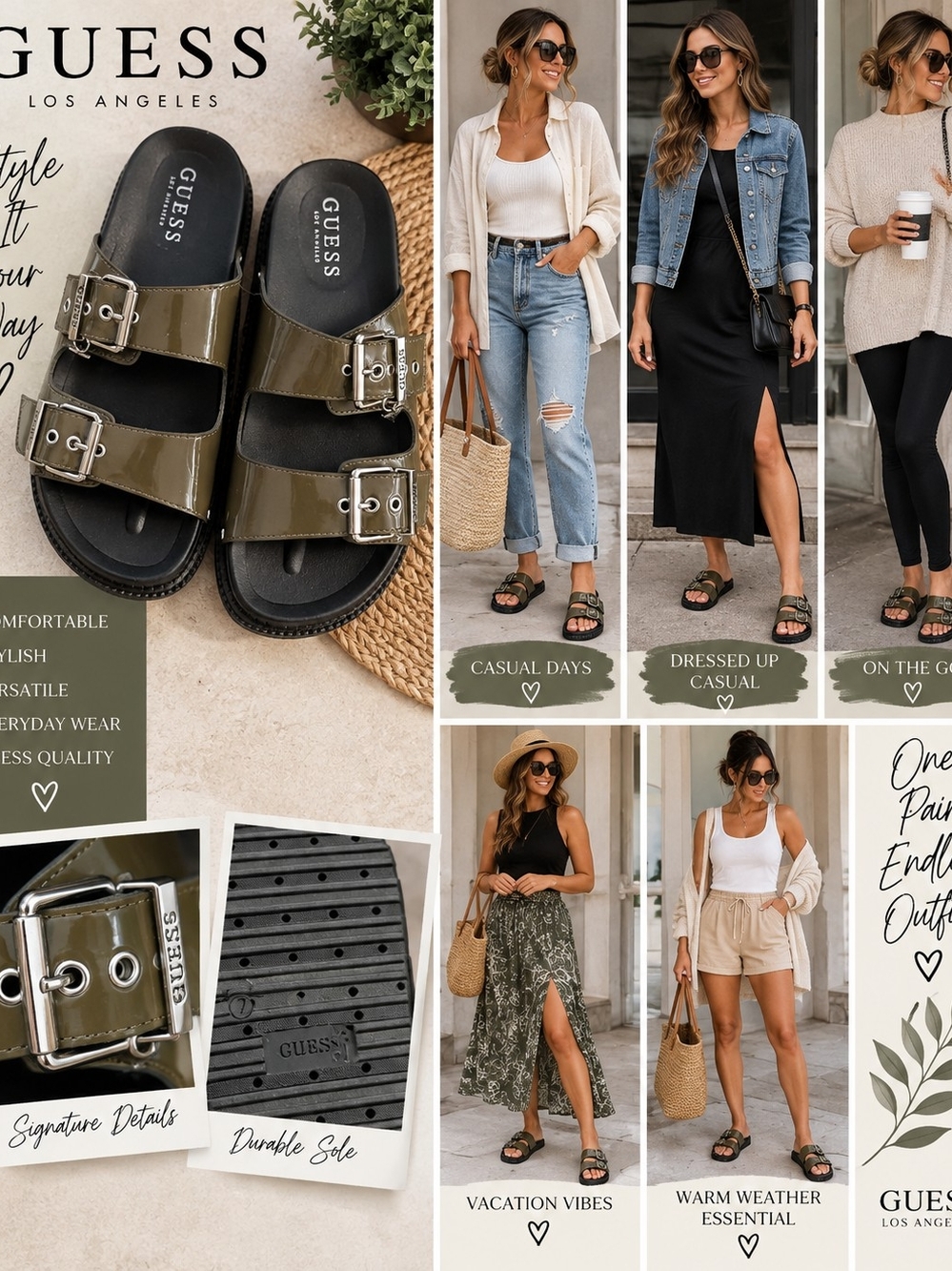 GUESS Olive Green Patent Double-Buckle Slide Sandals